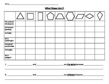 2D Shape Attribute Chart Worksheet by M and M Resources | TpT