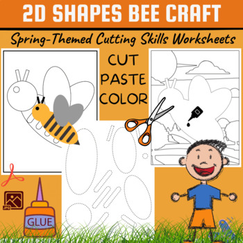 Preview of 2D Shapes Bee Cutting Skills Worksheets,Shape Activities, Spring B&W Version