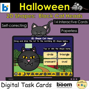 Preview of 2D Shapes Black Cat Animals Halloween Geometry BOOM Cards™ Digital