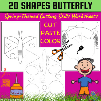 Preview of 2D Shapes Butterfly Cutting Skills Worksheets,Shape Activities,Spring  B&W
