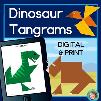 Preview of Dinosaur Printable & Digital Tangrams Congruent 2D Shapes Math Puzzle Worksheets