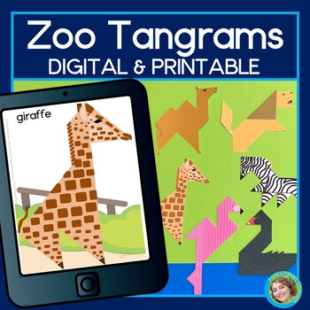 Preview of Zoo Animal Printable & Digital Tangrams Congruent 2D Shapes Math Puzzles