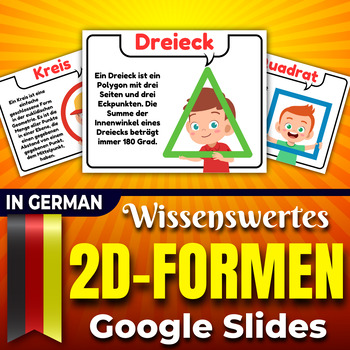 Preview of 2D Shapes Fun Facts Flashcards in German , Cute math Geometry - 2D-Formen