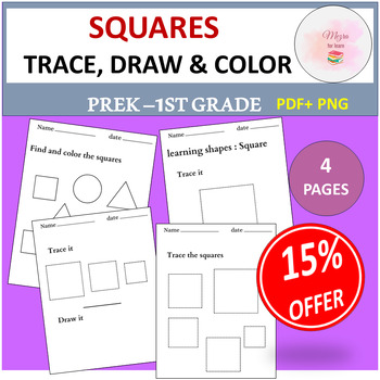 Preview of 2D Shapes Squares |Trace, Draw and Find Worksheets Prek, K & 1ST Math Activities