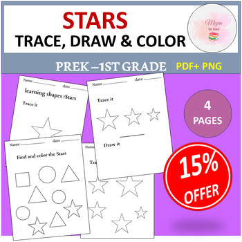 Preview of 2D Shapes Stars |Trace, Draw and Find Worksheets Prek, K & 1ST Math Activity