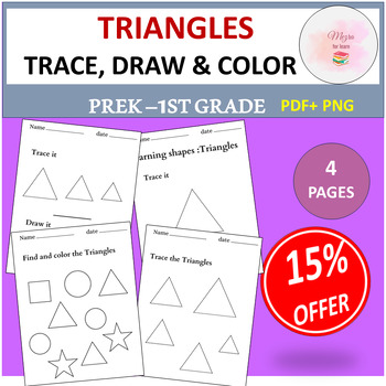 Preview of 2D Shapes Triangles |Trace, Draw and Find Worksheets Prek, K & 1ST Math Activity