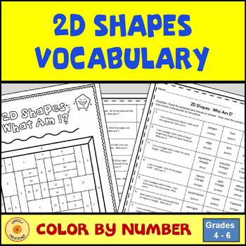 Preview of 2D Shapes Vocabulary Who Am I Color by Number Worksheet with Easel Assessment