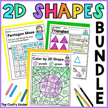 Preview of 2D Shapes Worksheets for Kindergarten BUNDLE - Review, Color by Code, Mazes