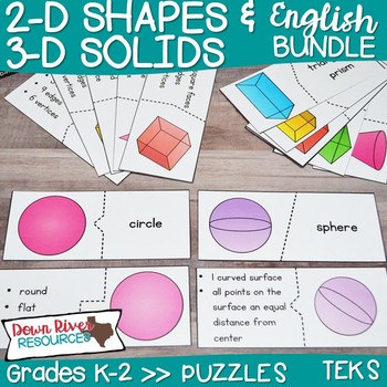 Preview of 2D Shapes and 3D Solids and Their Attributes Puzzles Bundle | Geometry TEKS