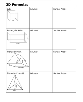Preview of 2D and 3D Geometry Shapes Fill-in-the-Blank Formula Sheet