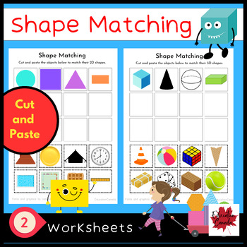 Preview of 2D and 3D Shape Matching Cut and Paste Activity Free Worksheet Set