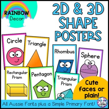 2D and 3D Shape Posters | Australian Fonts | Bright Rainbow Classroom Decor