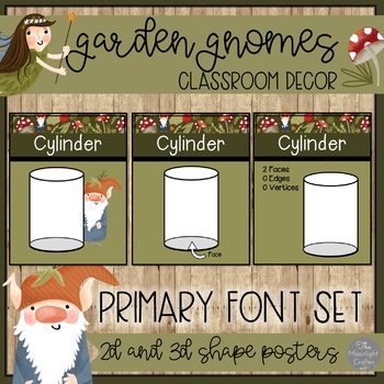 Preview of 2D and 3D Shape Posters PRIMARY FONT Garden Gnomes Theme