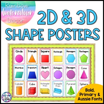 Preview of 2D and 3D Shape Posters | Watercolor Rainbow | Primary and Australian Fonts