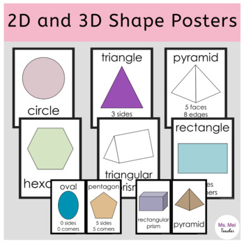 2D and 3D Shape Posters with Names and Properties - Pastel, Bright, and B&W