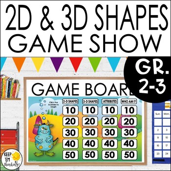 Preview of 2D and 3D Shapes Math Review Test Prep Game Show 2nd Grade Geometry Assessment