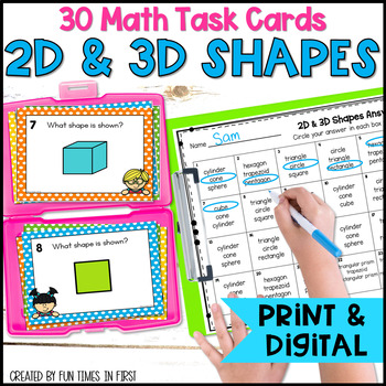 Preview of 2D and 3D Shapes Math Task Cards plus Digital Google Slides