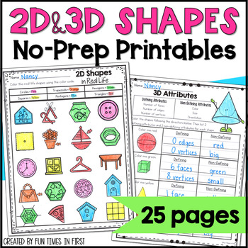 Preview of 2D and 3D Shapes NO PREP Printable Worksheets -  Shapes and Attributes