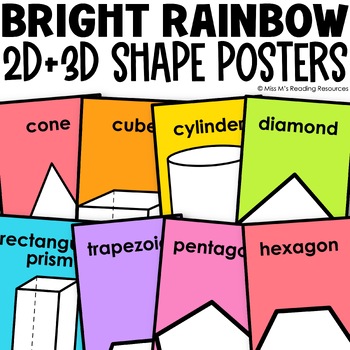 Preview of Shapes Posters 2D and 3D Shapes Shape Posters Bright Rainbow Classroom Decor