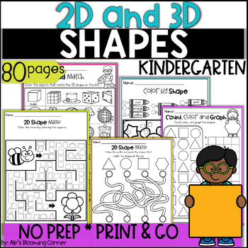 Preview of 2D and 3D Shapes Worksheets Kindergarten Assessment, Sort, Cut and Paste, Mazes