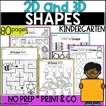 Preview of Summer Math 2D and 3D Shapes Worksheets Kindergarten Sort Cut and Paste Mazes 