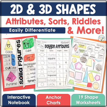 Preview of 2D & 3D Shapes Worksheets Identify & Shape Attributes 2D & 3D Shapes Activities