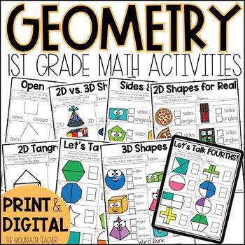 Preview of 2D and 3D Shapes Worksheets and Fractions Activities - 1st Grade Math Unit