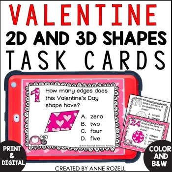 Preview of Valentine's Day 2D and 3D Shapes Task Cards