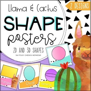 Preview of 2D and 3D shape posters // Cactus and Llama Tropical Classroom Decor