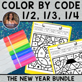 Preview of 2G3 Halves, Thirds, & Fourths BUNDLE | Color by Code Mystery New Year Pictures