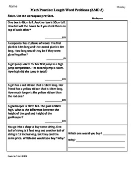 2.Md.5) Length Word Problems - 2Nd Grade Math Worksheets By Tonya Gent
