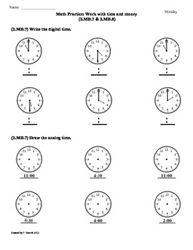 Preview of (2.MD.7 & 2.MD.8)Time & Money -2nd Grade Common Core Math Worksheets