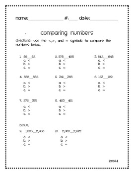 2.NBT.4 Comparing 3-Digit Numbers Assessment by Valarie ...