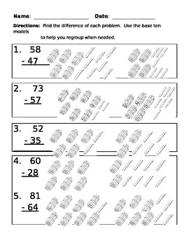 Preview of 2.NBT.5 - 2-Digit Subtraction with Regrouping - Base Ten Models