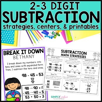 Preview of 2-3 Digit Subtraction With Regrouping, Posters, Worksheets, Strategies