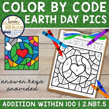 Preview of 2NBT5 Earth Day 2 Digit Addition Within 100 Color by Code Printable Activity