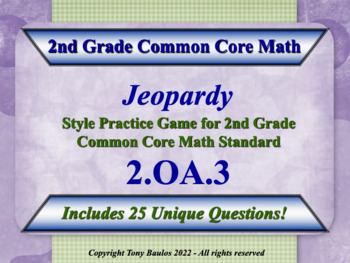 Preview of 2.OA.3 2nd Grade Math Jeopardy Game - Odd Or Even Numbers w/ Google Slides
