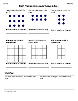 2 oa 4 rectangular array 2nd grade common core math worksheets by tonya gent