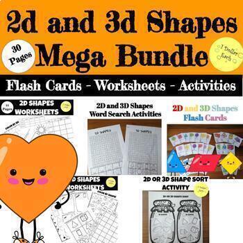 Preview of 2d & 3d Shapes Bundle - Worksheets and Shape Sort Cut and Glue - Word Search