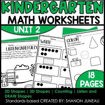Preview of 2D & 3D Shape Sort Kindergarten Math Worksheets Listening Comprehension Counting