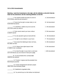 Preview of 2d to 10th Amendments Matching Worksheet