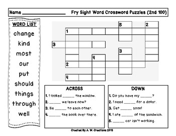 2nd 100 Fry Sight Words Crossword Puzzles by A W Creations TpT