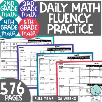 Preview of 2nd, 3rd, 4th, & 5th Grade Daily Math Fact Fluency Computation Worksheets Bundle