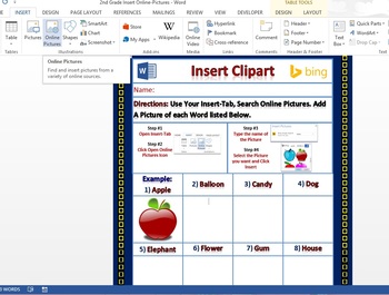 Preview of 2nd 3rd 4th Grade Microsoft Word 2013 Insert-Tab Online Picture Windows 8/8.1