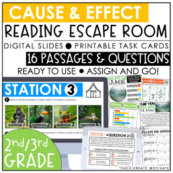 Preview of 2nd & 3rd Cause and Effect Escape Room | Digital Slides | Task Cards
