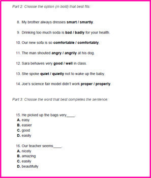 2nd 3rd grade adjectives adverbs worksheets ela homework test prep pdf