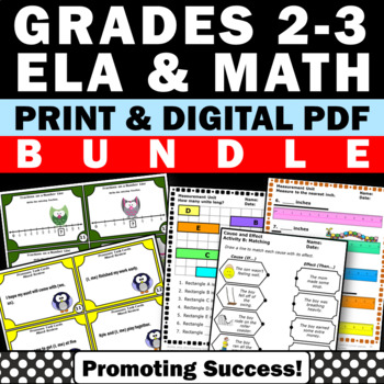 Preview of 2nd 3rd Grade Math and Literacy Activities BUNDLE Measurement Fractions Pronouns