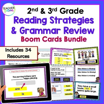Preview of 2nd & 3rd Grade READING COMPREHENSION & GRAMMAR REVIEW BOOM CARD Bundle