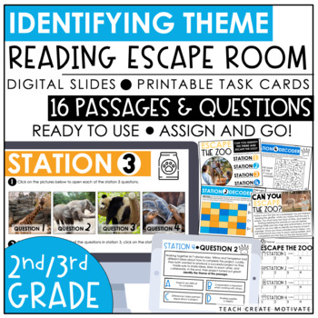Preview of 2nd & 3rd Grade Theme Escape Room | Digital Slides | Task Cards