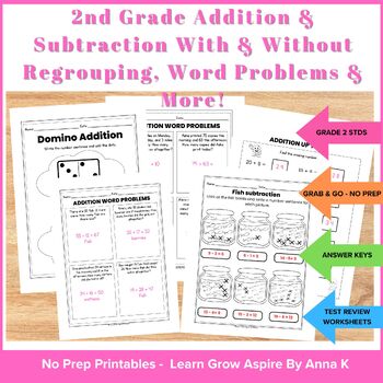 This image showcases addition and subtraction with and without regouping. 2nd grade math activities. 